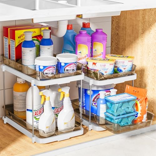 2-Tier Multi-Purpose Bathroom Under Sink Organizers and Storage, Stackable Kitchen Pantry Organization, Pull Out Medicine Cabinet Organizer with Movable Dividers, Amber, 2 Pack