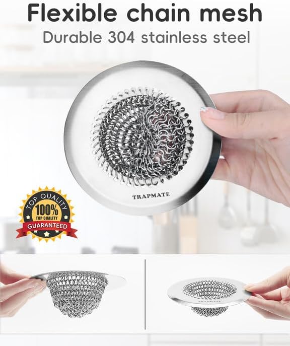 TRAPMATE Kitchen Sink Drain Strainer & Sink Stopper, Revolutionary Stainless Steel Drain Plug Combo, Anti-Clog Garbage Strainer Basket for US Standard Drains, Fits Single & Double Bowl Kitchen Sinks