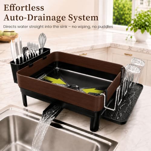 Dish Drying Rack Kitchen Counter — Walnut Look Stainless Steel, 16.6"x12.5"