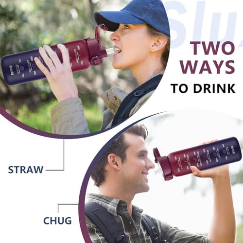 Insulated Water Bottle 32oz with 2Lids(Straw Lid & Spout Lid), 1L Double Walled Water Bottle with Time Marker, 1000ml Stainless Steel Metal Flask for Fitness, Gym and Outdoor RED BLACK
