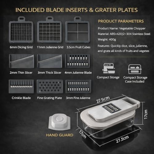 All-in-One Food Chopper & Mandoline Slicer, 9-in-1 Vegetable Chopper with Interchangeable Stainless Steel Blades, BPA-Free Manual Onion Dicer, Julienne & Grater with Container - Image 6