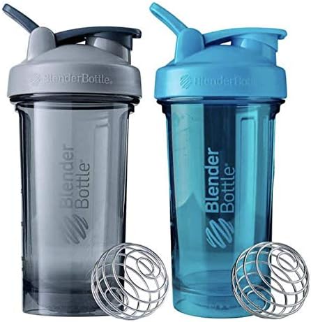 BlenderBottle Pro Series Shaker Bottle BlenderBall Rounded Base with SpoutGuard, 24 Ounce, 2-Pack (Grey - Blue)