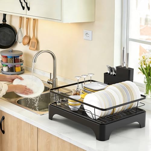 Large Dish Drying Rack with Automatic Dish Drying Rack for Kitchen Counter, Rustproof Stainless Steel Dish Drainer with Cutlery Holder, Over Sink Organizer (17" x 13.4", Black)