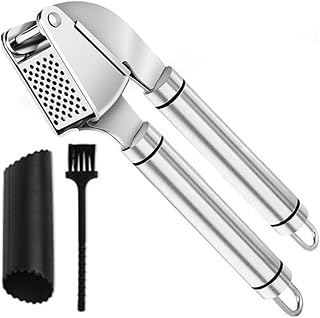 Garlic Press Stainless Steel Set Premium Professional Garlic Mincer, Silicone Peeler & Brush, Clove Crusher, Handheld Mincer & Squeezer, Easy Clean Rustproof, Dishwasher Safe Kitchen Peelers