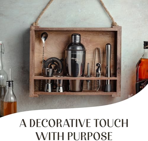 Rustic Cocktail Shaker Set – Includes Wood Stand, Complete Barware Kit with 24 Oz Shaker, Dual Jiggers, Pourers, Muddler, Strainer – Perfect for Home Bartenders (Gun-Metal Black)