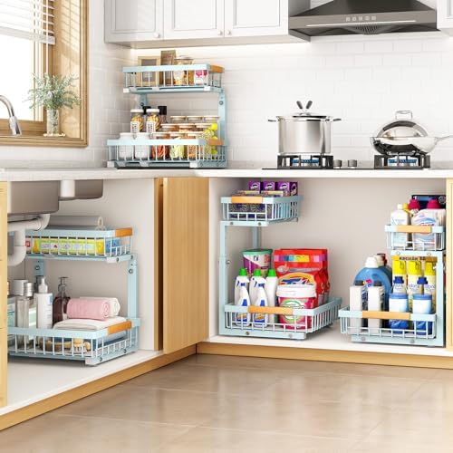 Under Sink Organizer, Adjustable Height, 2 Tier Pull Out Under Cabinet Organizer, Slide Out Thickened Metal Under Sink Storage for Kitchen Bathroom Laundry Pantry Cabinet, Blue, Large-2-Pack