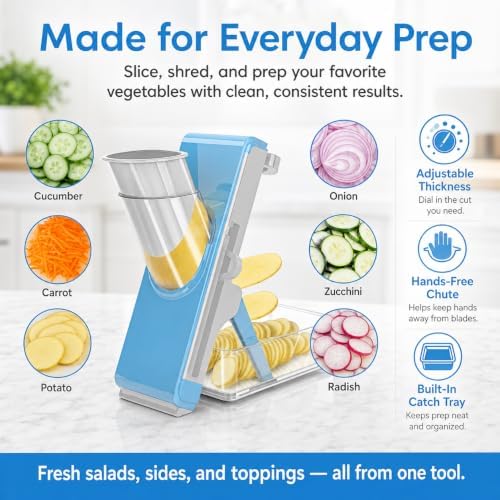 Safe Mandoline Slicer for Kitchen, Vegetable Slicer with Container, French Fry Cutter, All in 1 Julienne Slicer for Potato, Thickness Adjustable, Detachable Blade (Light gray-blue) - Image 6
