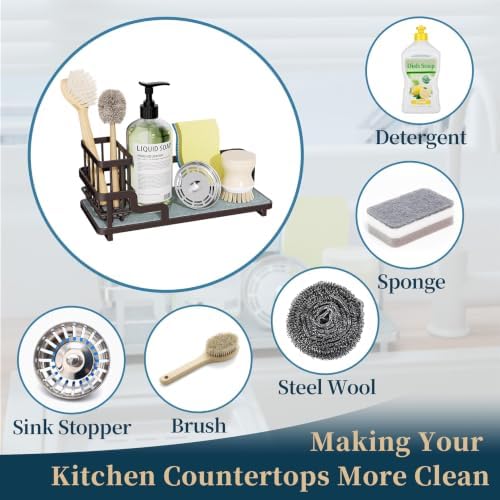 Sponge Holder for Kitchen Sink - Sink Caddy Organizer with Water Absorbing Stone Tray, Detachable Brush Holder, Stainless Steel Kitchen Counter Organizer Rack, Bronze