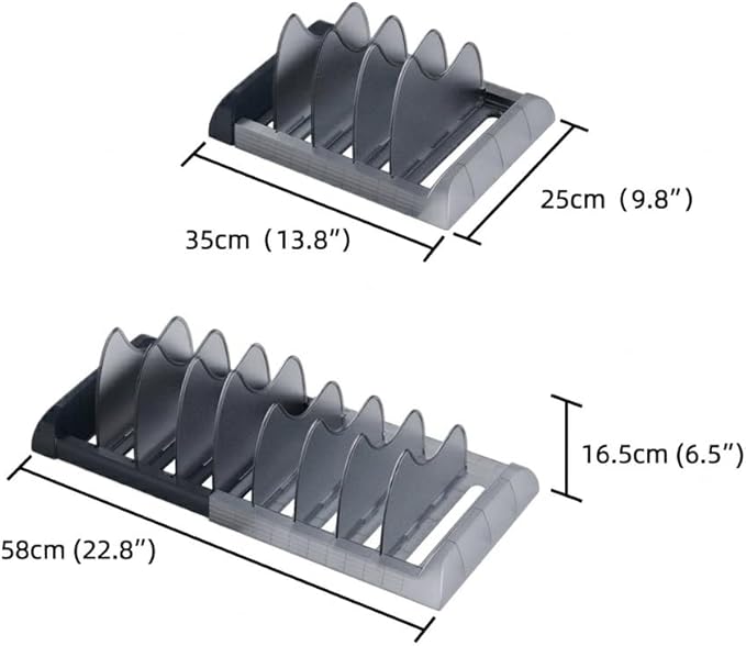 OMIO Pot Lid Organizer for Cabinet, A-560 Heavy Duty ABS Pan Rack Adjustable 9.8-22.8 inch with 8 Removable Dividers, Under Sink Storage for Cookware, Cutting Board, Dark Gray