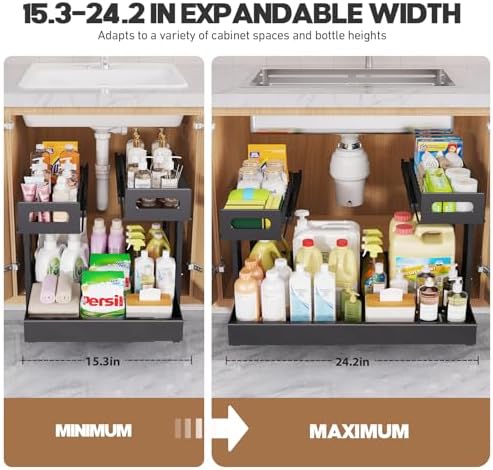 1 Pack Expandable Under Sink Organizers And Storage With Upgrade Ball-Bearing Slide Tracks,2-Tier Pull Out Under Cabinet Organizer Height Adjustable,Slide Out Under Sink Drawers-Black(Patent Pending)