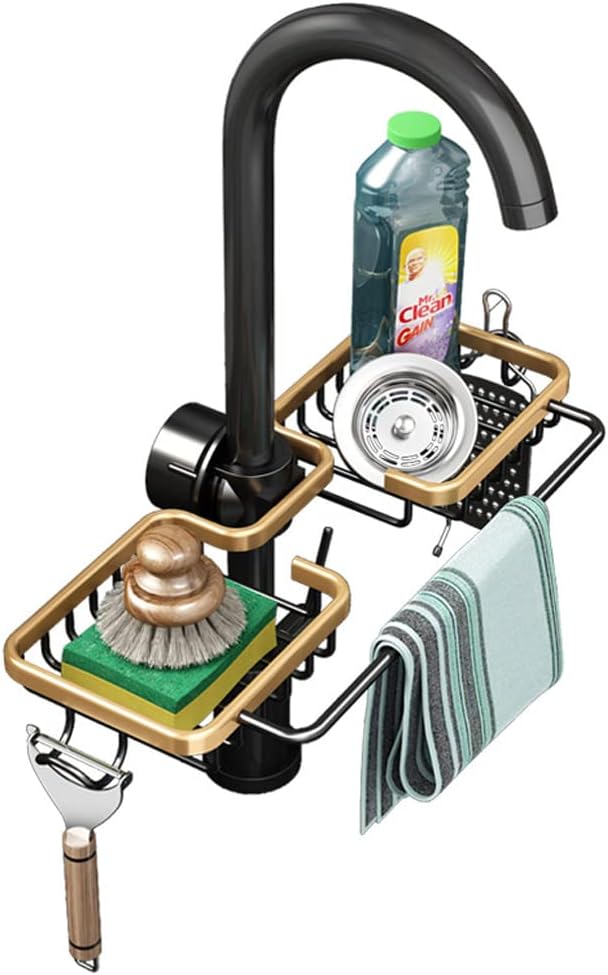 Faucet Sponge Holder Kitchen Sink Caddy Organizer Fit 0.71-1.1 inch Diameter Faucet Hanging Drain Rack for Sink Organizer (Double with Dishcloth Rack, Golden)
