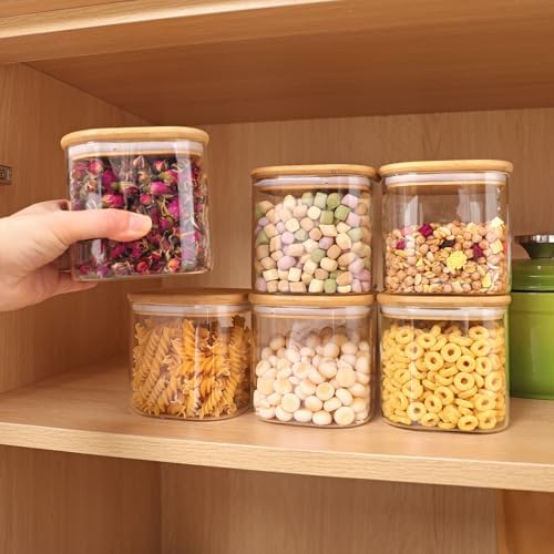 6pcs Glass Food Storage Containers with Bamboo Lids, 0.6qt Glass Jars
