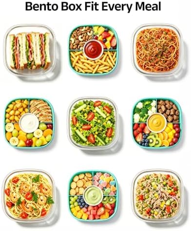 Glass Salad Container,56oz Salad Bowl To Go for Lunch with Airtight Lid,Leak-Proof Sauce Container,4-Compartment Bento Tray & Reusable Fork - BPA-Free Glass Lunch Box for Meal Prep,Office(Green)