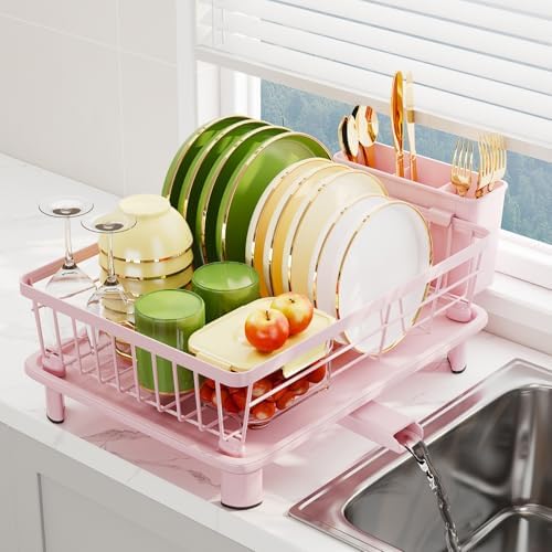 Dish Drainer Rack with Drip Tray, Sink Dish Drainer with Drainage Spout, Stainless Steel Dish Drying Rack with Cups, Utensil & Cutting Board Holders for Kitchen Counter Space-Saving, Pink