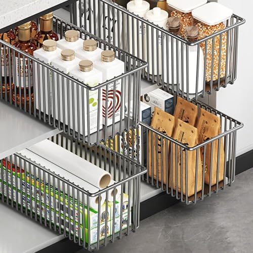 Pull Out Cabinet Organizers 2 Pack, Black Metal Storage Basket