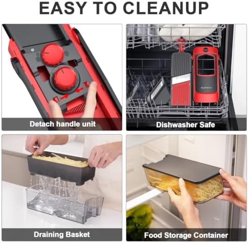 SupMaKin Safe Mandoline Slicer for Kitchen,Pptato Slicer, Vegetable Onion Chopper, French Fry Cutter, Adjustable Thickness, Julienne & Dicer Salad Chopping Artifact (4V RED) - Image 6