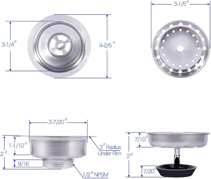 Uni-Green Kitchen Sink Drain Kit for Standard 3-1/2 inch Drain - Fit 1-1/2 inch Pipe - Stainless Steel Basket with Knob - Rubber Stopper Bottom - 3.5" Kitchen Sink Drain Strainer Replacement Kit