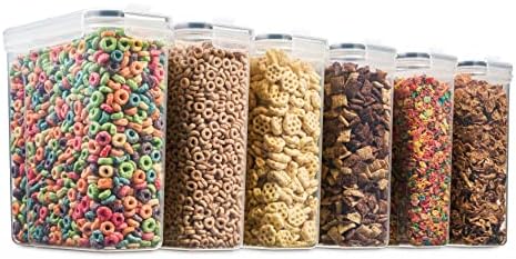 6 Pack Airtight Cereal Food Storage Container - BPA Free Plastic Kitchen and Pantry Organization Canisters for, Dry Pet Food, Flour, Sugar, Rice, Nuts, Snacks & More (135.5 Oz) Labels & Chalk Marker