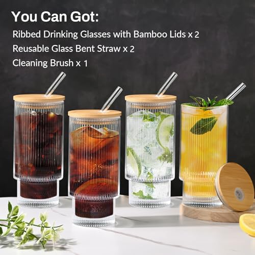 16OZ Ribbed Glass Cups with Lids and Straws,Iced Coffee Cups with Bamboo Lid,Vintage Glassware for Whiskey Cocktail Beer Fruit Juice Glasses Tumbler(2 Pack)