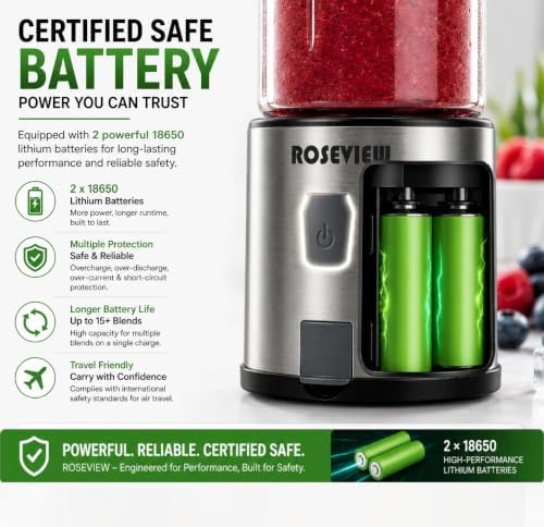 Portable Smoothie Blender ROSEVIEW Glass Cordless Mini Shakes Cup blend for smoothies USB rechargeable juicer 2 battery Handheld Personal travel Jet mixer (Black Steel) - Image 6
