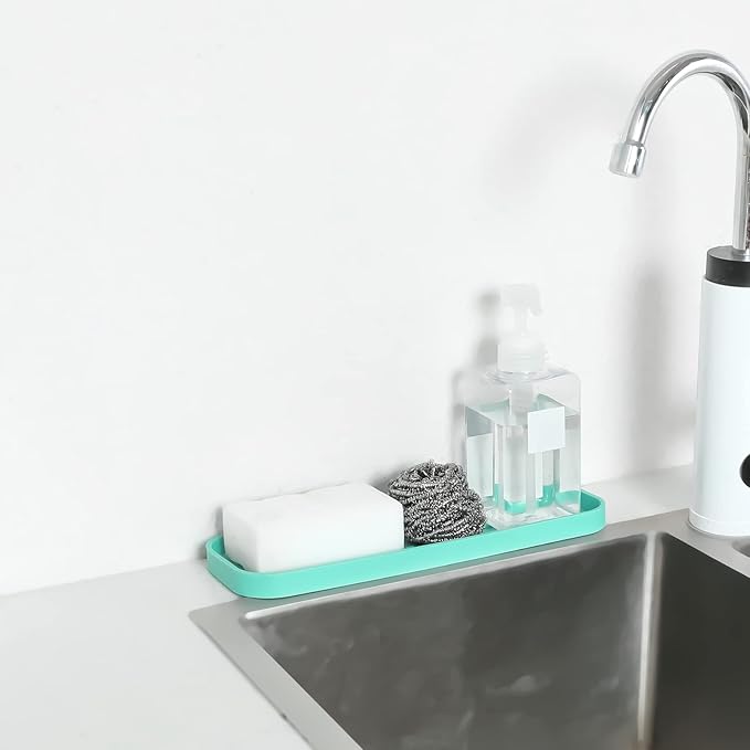 MicoYang Silicone Kitchen Sink Organizer Tray for Multiple Usage,Eco-Friendly Sponges Holder for Kitchen Bathroom Counter or Sink,Dish Soap Dispenser,Scrubber,Bottle,Cup (Mint, 12"×4")