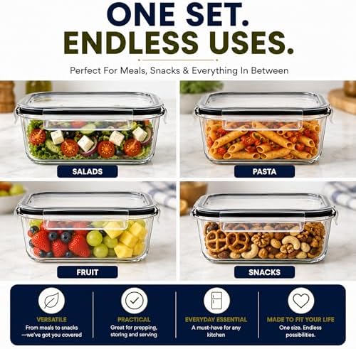 Glass Meal Prep Containers, Airtight Lids (4 Rectangular Vented Lid)
