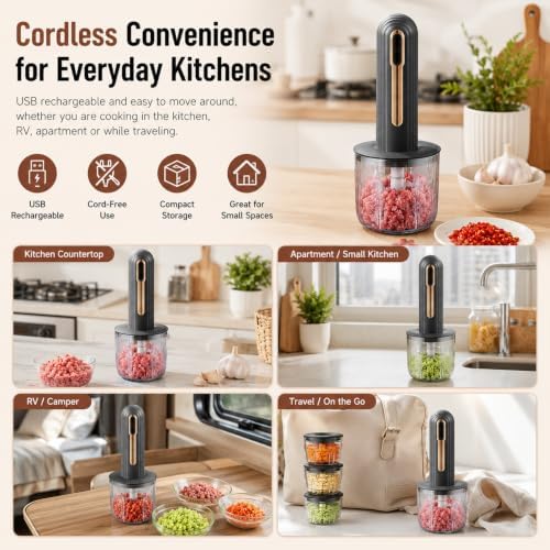 Home Use Wireless Electric Meat Grinder, Cordless Multifunctional Mini Electric Food Processor, Wireless Portable Kitchen Chopper for Minced Meat, Garlic, with 4 Cups & 2 Slicers (White) - Image 6