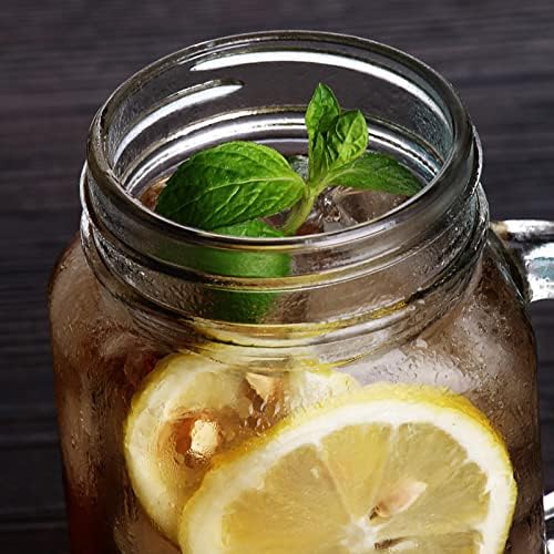 8 Pack 16 oz Glass Mason Jar Mugs with Handle, 16 Tin Lids and 8 Plastic Straws, Old Fashioned Mason Jar Drinking Glasses, Clear Glass Cups for Party and Daily Use