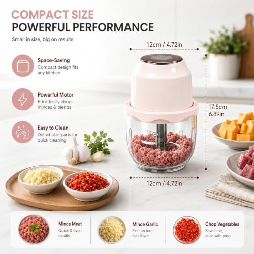 350ML Electric Garlic Meat Grinder, Wireless USB Rechargeable Food Chopper, 6-Blade High-Speed Chopper, Mini Convenient Kitchen Mixer for Garlic and Meat (Pink) - Image 7