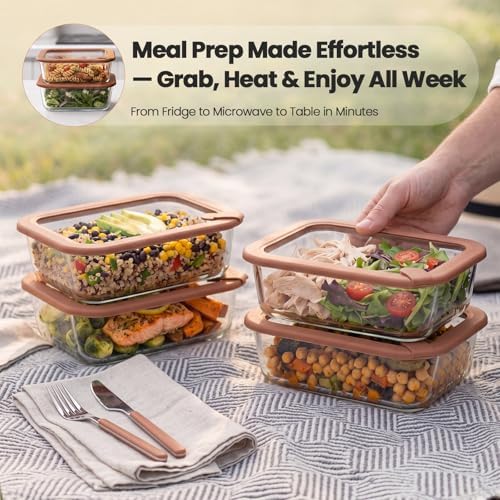 Glass Food Storage Containers with Glass & Silicone Lids, 35oz,Brown