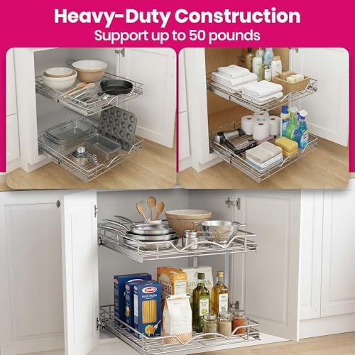 2-Tier Pull-Out Cabinet Organizer for Kitchen, 15" W x 21”D x 16.5" H