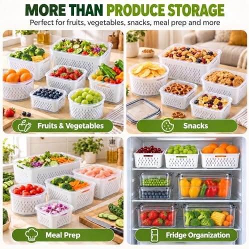 5 Pack Fruit Storage Containers for Fridge with Removable Colanders