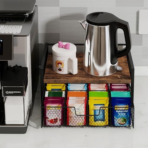 Tea Bag Organizer with Drawer, Tea Caddy for Countertop, Rustic
