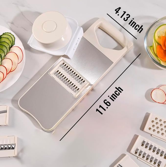 NACOLUS 6-Blade Mandoline Slicer with Slide-On Hand Guard - Vegetable Slicer, Carrot Shredder,Safe Potato/Garlic Slicer Vegetable Cutter, Waffle Fry Cutter (Beige, 6-in-1)