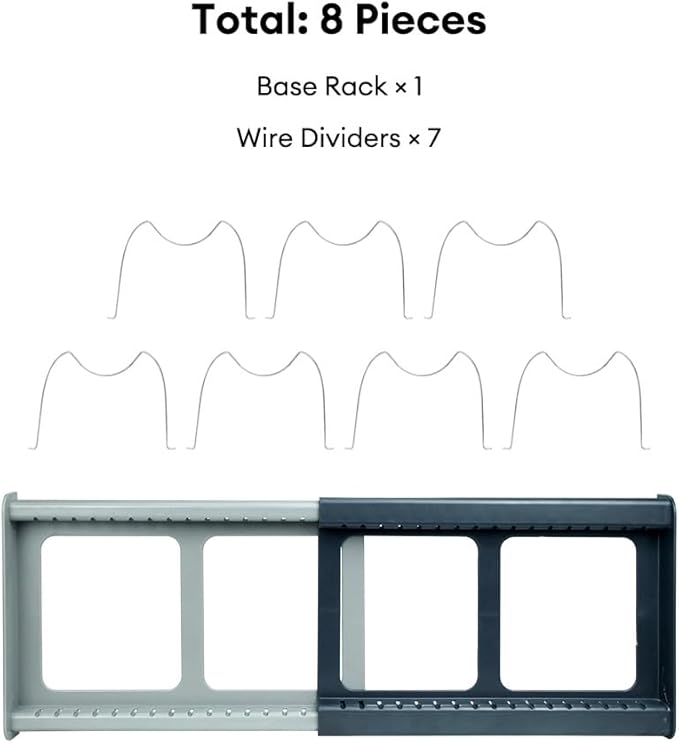 Pot and Pan Organizer Rack for Cabinet - Expandable 12" to 22" Kitchen Cabinet Organizer with 7 Dividers, Heavy-Duty ABS Base for Lids, Cutting Boards, Bakeware, Cookware Storage, Grey