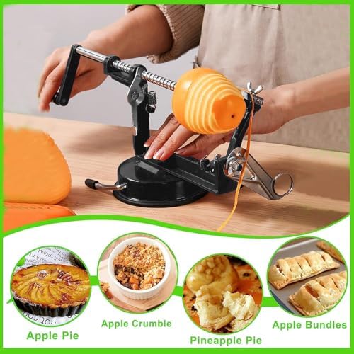 Apple Peeler Corer, Long lasting Chrome Cast Magnesium Alloy Apple Peeler Slicer Corer with Stainless Steel Blades and Powerful Suction Base for Apples and Potato(Black)