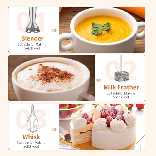 KOIOS Immersion Blender, 1000W Anti-scratch 3-in-1 Hand Blender, Upgraded 12 Speed Stainless Steel Blade Stick Blenders with Turbo Mode, Whisk and Milk Frother, Non-BPA - Image 6