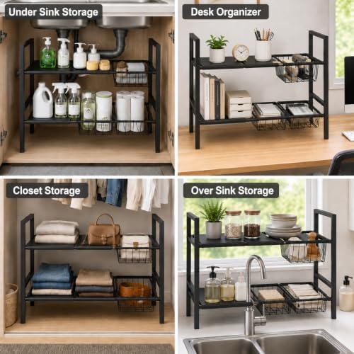 Expandable Under Sink Organizer, 2 Tier Under Sink Shelf, Height Adjustment, Under Sink Shelves with 3 Removable Baskets and 3 Removable Panels for Bathroom Kitchen Pantry Cabit black 21.65in