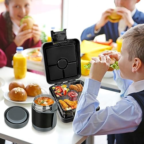 Bento Lunch Box Set With 10oz Soup Thermo, Leak-proof Lunch Containers with 4 Compartment, Kids Hot Thermo Food Jar/Insulation Lunch Bag, Food Containers for School (Black)