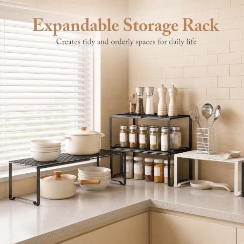Extendable Metal Wire Shelf Organizer - Adjustable 15-24.4in Length, Stackable Storage Rack for Kitchen/Pantry/Bathroom/Shoe Cabinet/Tool Closet (1,Black)