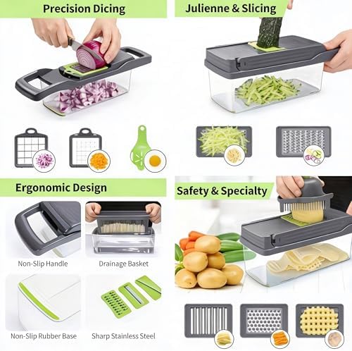 Vegetable Chopper, 15-in-1 Mandoline Slicer with Container, Dicer, Grater, Shredder, Hand Protector, 8.85 x 4.45 in - Image 4