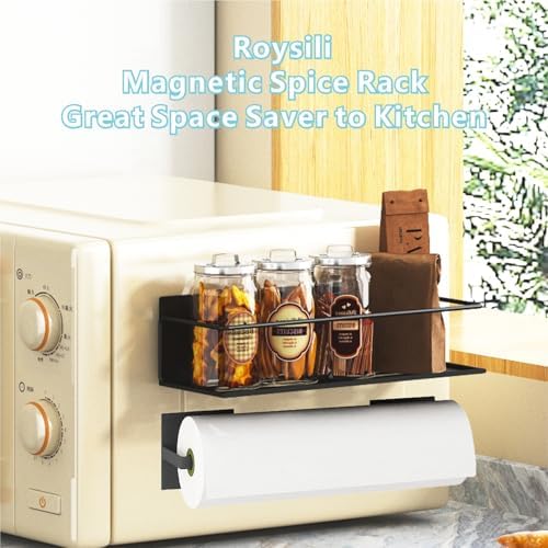 Magnetic Spice Rack For Refrigerator, Magnetic Fridge Shelf For Kitchen, Magnetic Shelf For Fridge Space Saving Black 4 Pack With Magnetic Paper Towel Holder