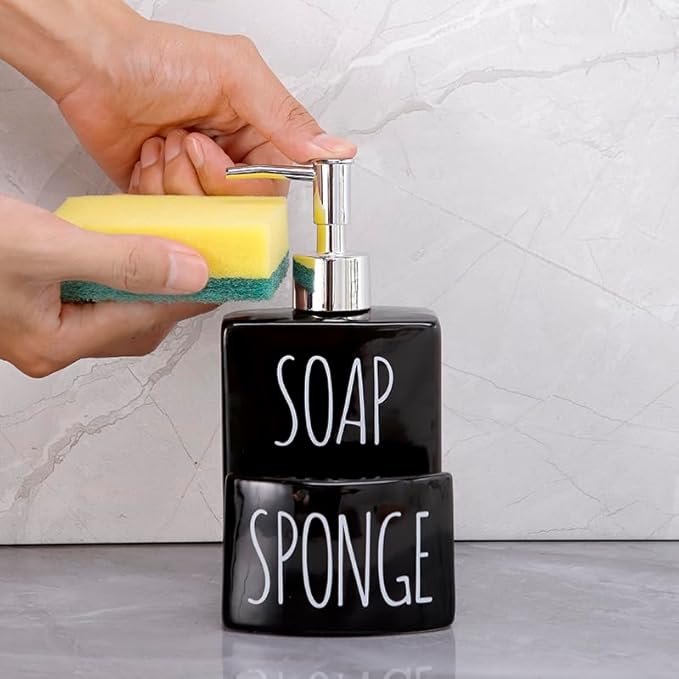 Ceramic Soap Dispenser with Sponge Holder - 2-in-1 Countertop Soap Pump Dispenser for Sink, Useful Kitchen Gadget - Black