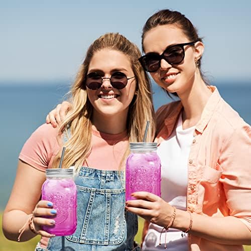 Smoothie Cups, Glass Mason Drinking Jar, 24oz Smoothie Cups with Lid and Stainless Steel Straw, Drinking Mugs, Tea Cup Travel Mug, Ideal for Juice, Milk (Pack Of 2, Clear)