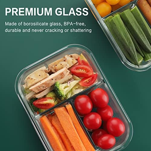 8 Pack 3 Compartment 36oz Large Glass Meal Prep Containers with Lids