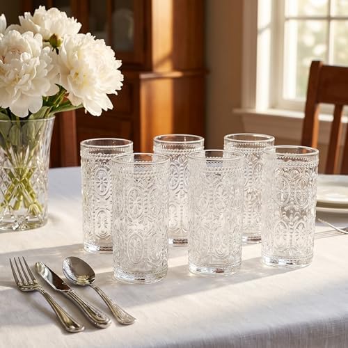 6 Pack Romantic Drinking Glasses, 12 oz Highball Glasses, Thick Water Glasses, Tall Glass Cups for Beverages, Beer, Cocktail, Vintage Glassware Set for Dinner Parties, Bars, Restaurants