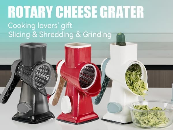 3 in 1 Manual Vegetable Cutter Machine with Stainless Steel Changeable Blades Rotary Cheese Grater Kitchen Tool Potato Slicer Shredder Nuts Chocolate Chopper (Red white)