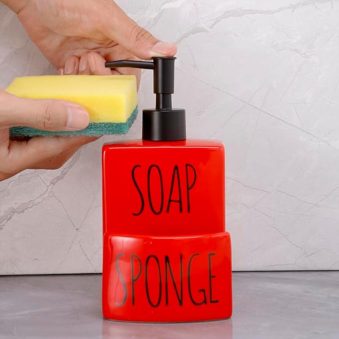 Ceramic soap Dispenser with Sponge Holder for Kitchen Sink Bathroom Counter top Storage and Organization (Red)