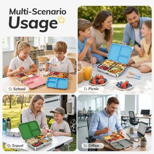 Stainless Steel Bento Lunch Box for Kids and Adults,3 Compartment Meal Lunch Box with Detachable Silicone Lid,Leak-Resistant Food Container with Snack Cup for School,BPA-Free(Grey)