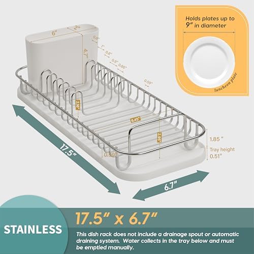 304 Stainless Steel NeverRust Compact Dish Drying Rack with Utensil Holder & Removable Drain Tray, Rustproof Small Dish Rack for Kitchen Countertop or Over Sink (Metallic Silver, Compact)
